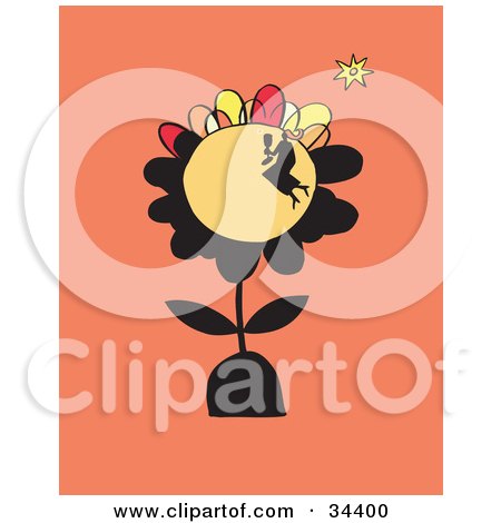 Clipart Illustration of a Silhouetted Woman Having A Picnic On The Surface Of A Large Flower by Lisa Arts