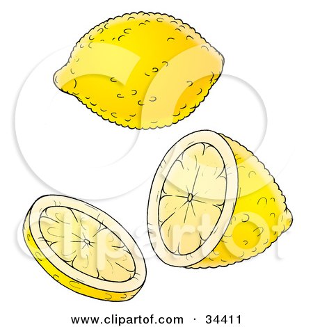 Clipart Illustration of a Fresh Yellow Lemon Shown Whole, Halved And Sliced by Alex Bannykh