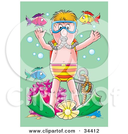 Clipart Illustration of a Blond Boy Wearing Fins And Scuba Gear, Standing At The Bottom Of The Sea With An Anchor, Coral And Colorful Fish by Alex Bannykh