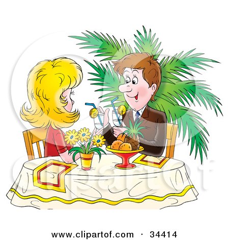 Clipart Illustration of a Happy Caucasian Couple Sipping Cocktails Or Lemonade At A Table In A Restaurant by Alex Bannykh