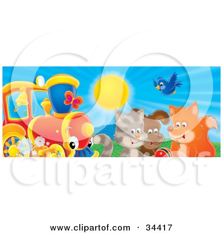 Clipart Illustration of a Bluebird, Fox, Dog And Cat Playing With A Ball Near A Train On A Sunny Day by Alex Bannykh