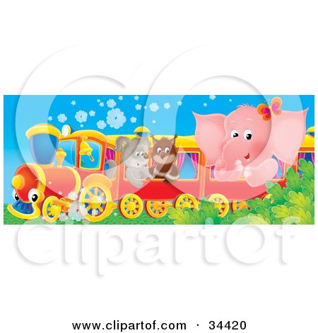 Clipart Illustration of a Cute Pink Elephant, Owl And Puppy Riding On A Train by Alex Bannykh