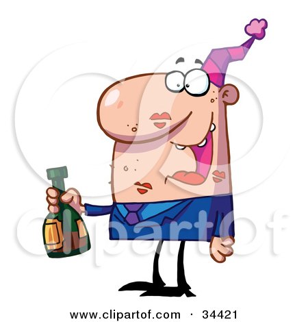 Clipart Illustration of a Drunk Caucasian Man Carrying A Bottle Of Champagne, With Red Lipstick Kisses Covering His Face by Hit Toon