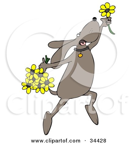 Clipart Illustration of a Happy Dog Leaping With Yellow Spring Flowers by djart