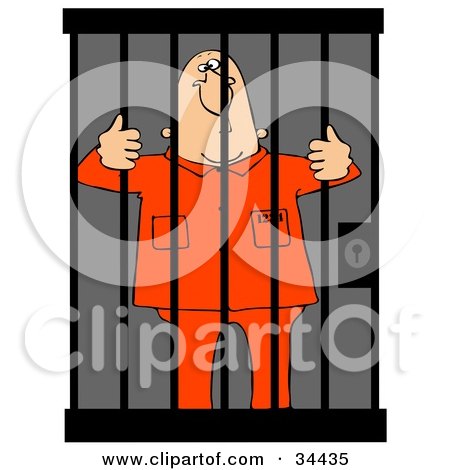Clipart Illustration of a Jailed White Man In Orange Clothes, Behind Bars In A Prison Cell by djart