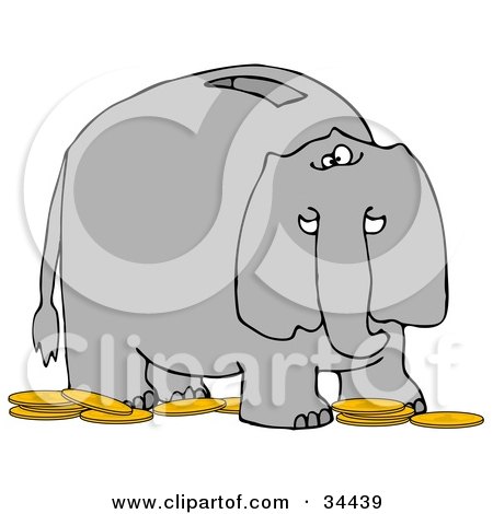 Clipart Illustration of an Elephant Bank With A Slot On The Back And Gold Coins On The Ground by djart
