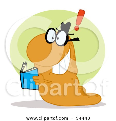 Clipart Illustration of a Smart Orange Worm With An Idea, Reading A Blue Book by Hit Toon