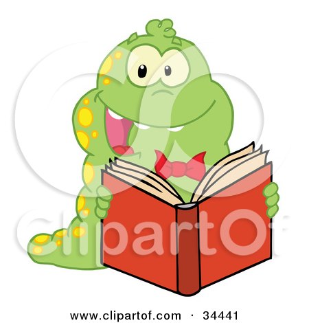 Clipart Illustration of a Happy Yellow Spotted Green Caterpillar Reading A Good Book by Hit Toon