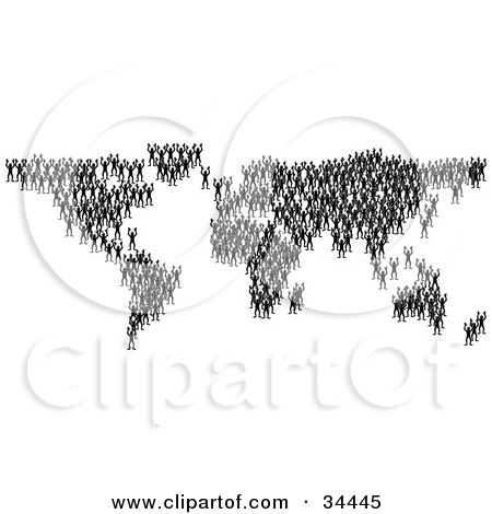 Clipart Illustration of Black Silhouetted People Crowding Together And Forming The Global Continents by AtStockIllustration