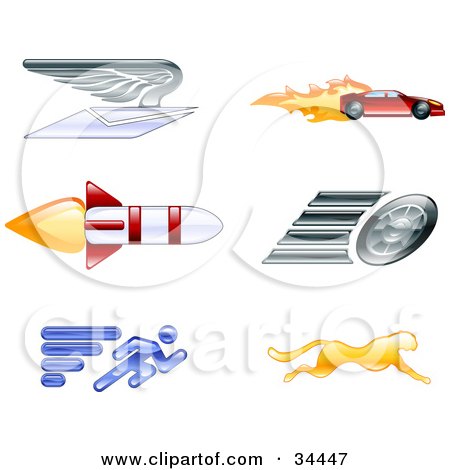 Clipart Illustration of Speed Icons Of A Winged Envelope, Sports Car, Rocket, Tire, Sprinter And Cheetah by AtStockIllustration