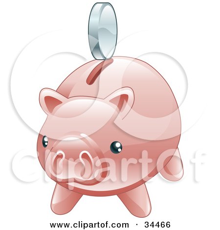 Clipart Illustration of a Silver Coin Hovering Above The Slot Of A Shiny Pink Piggy Bank by AtStockIllustration