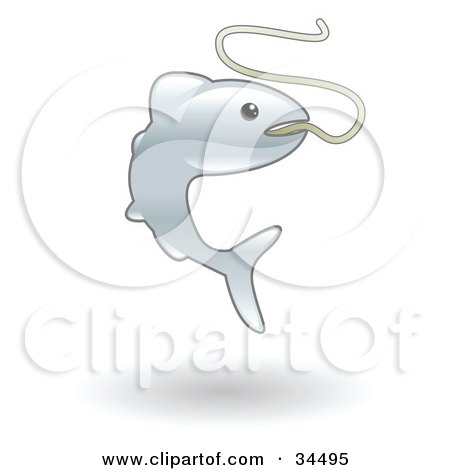 Clipart Illustration of a Gray Fish Hooked On A Fisherman's Line by AtStockIllustration