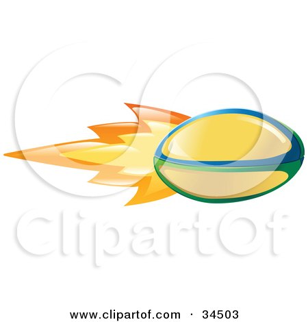 Clipart Illustration of a Flaming Yellow Rugby Ball Flying Past by AtStockIllustration