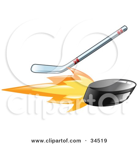 Clipart Illustration of a Hockey Stick Hitting A Flaming Hockey Puck by AtStockIllustration