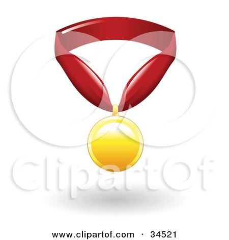 Clipart Illustration of a Golden First Place Medal On A Red Ribbon by AtStockIllustration