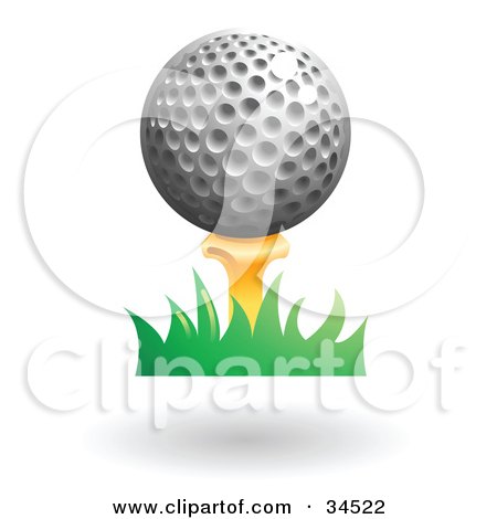 Clipart Illustration of a Golf Ball Resting On Top Of A Yellow Tee In Grass by AtStockIllustration