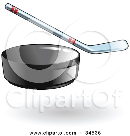 Clipart Illustration of a Black Hockey Puck Flying Forward, A Hockey Stick In The Background by AtStockIllustration
