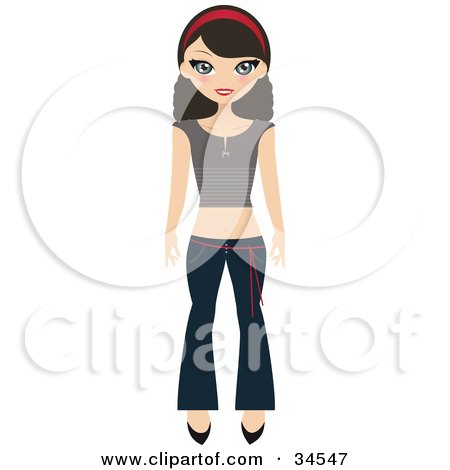 Clipart Illustration of a Pretty Teenaged Girl Wearing A Headband, Brown Shirt, Heels And Jeans by Melisende Vector