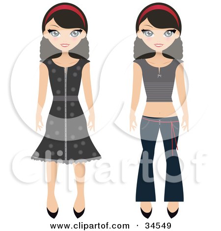 Clipart Illustration of Two Teenage Girls, One Wearing A Dress, The Other Wearing A Shirt And Jeans by Melisende Vector