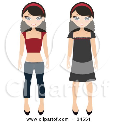 Clipart Illustration of Two Teenage Girls, One Wearing A Red Shirt With Jeans, The Other Wearing A Dress  by Melisende Vector