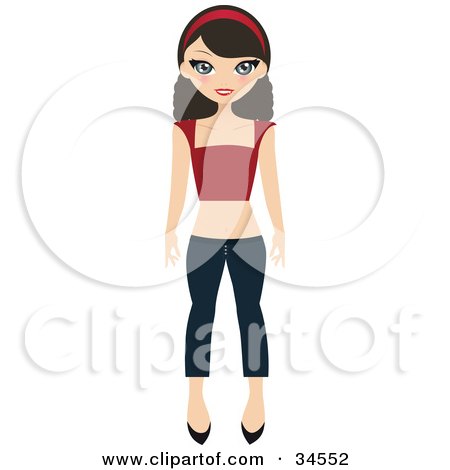 Clipart Illustration of a Pretty Teenaged Girl Wearing A Headband, Red Shirt, Jeans And Heels by Melisende Vector