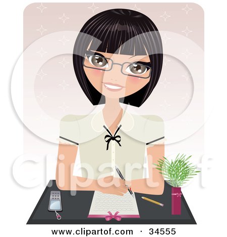 Clipart Illustration of a Professional Caucasian Woman Sitting Behind A Desk, Ready To Take Notes by Melisende Vector
