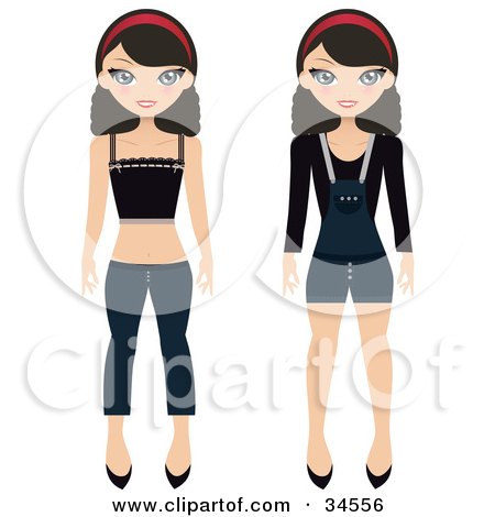Clipart Illustration of Two Teenage Girls, One Wearing A Tank Top And Jeans, The Other Wearing Shortalls Over A Sweater by Melisende Vector