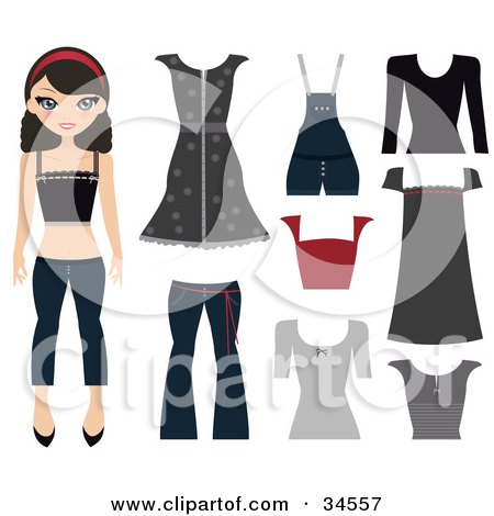 Clipart Illustration of a Teen Paper Doll Girl In Jeans, A Tank Top And Headband, Standing With Her Wardrobe by Melisende Vector