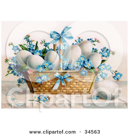Clipart Illustration of White Chicken Eggs And Blue Forget Me Not Flowers In An Easter Basket by OldPixels
