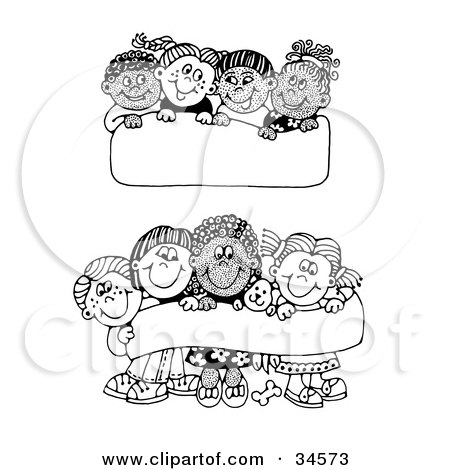 Clipart Illustration of Two Scenes Of Diverse Children Holding Up Blank Signs And Banners  by C Charley-Franzwa