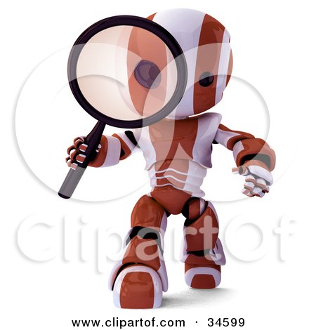 Clipart Illustration of a 3d Orange And White AO-Maru Robot Researching And Peering Through A Magnifying Glass by Leo Blanchette
