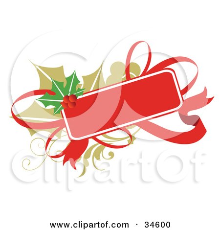 Clipart Illustration of a Blank Gift Tag With A Red Ribbon Over Holly by OnFocusMedia
