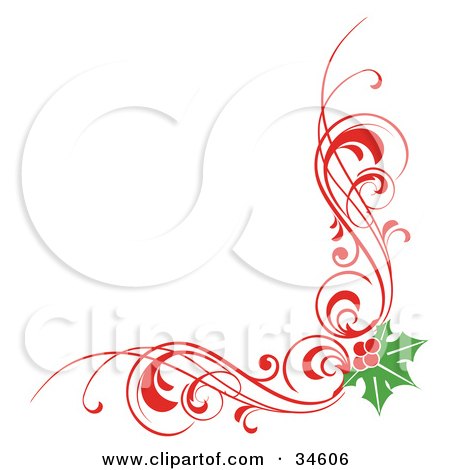 Clipart Illustration of a Christmas Corner Element Of Red Scrolls And Holly by OnFocusMedia