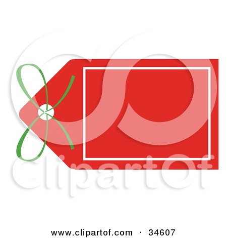 Clipart Illustration of a Green Bow On A Blank Red Christmas Tag by OnFocusMedia