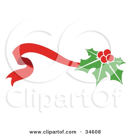 Clipart Illustration of Holly On A Waving Red Ribbon by OnFocusMedia