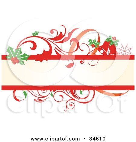 Clipart Illustration of a Beige Text Box Bordered In Holly Leaves And Red Scrolling Vines by OnFocusMedia