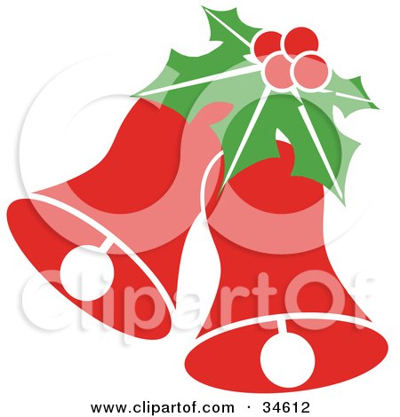 Clipart Illustration of a Piece Of Holly Atop Two Red Christmas Jingle Bells by OnFocusMedia