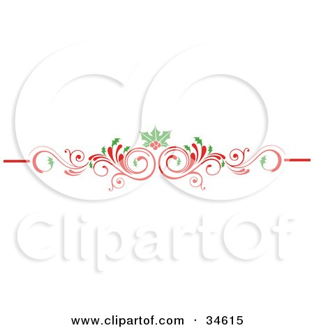 Clipart Illustration of a Scrolled Red Christmas Flourish With Holly Leaves And Berries by OnFocusMedia