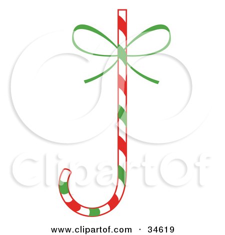 Clipart Illustration of an Upside Down Green, Red And White Striped Candy Cane With A Green Bow by OnFocusMedia