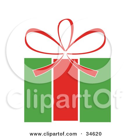 Clipart Illustration of a Red Bow On Top Of A Green And Red Christmas Gift by OnFocusMedia