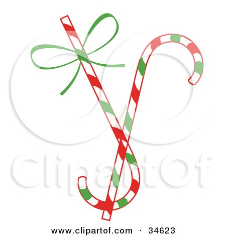 Clipart Illustration of Two Christmas Candy Canes, One With A Green Bow by OnFocusMedia