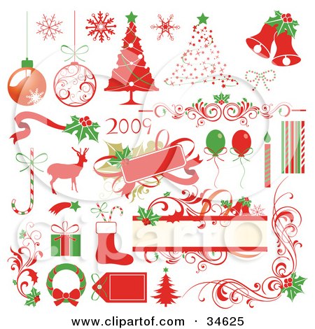 Clipart Illustration of a Set Of Green And Red New Year And Christmas Icons by OnFocusMedia