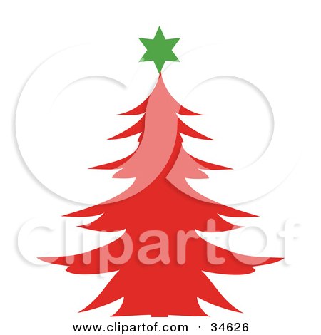 Clipart Illustration of a Green Star Atop A Red Silhouetted Christmas Tree by OnFocusMedia