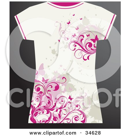 Clipart Illustration of a White Grunge Styled Female's T Shirt With Pink Butterflies And Vines And Beige Splatters by OnFocusMedia