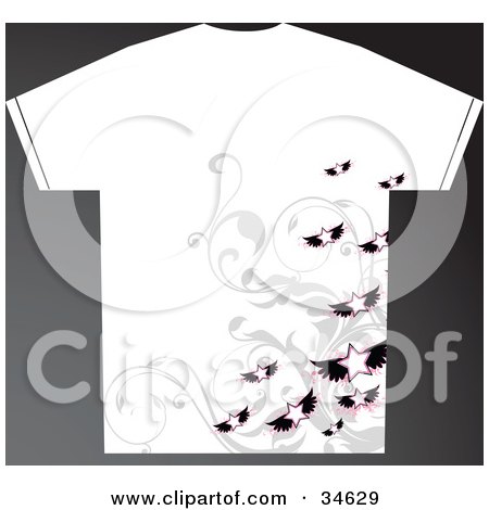 Clipart Illustration of a White Grunge Styled Man's T Shirt With Flying Stars Over Gray Vines by OnFocusMedia