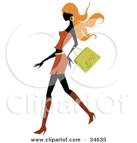 Clipart Illustration of a Sexy Silhouetted Woman With Long Orange Hair, Walking Past With A Purse On Her Arm by OnFocusMedia