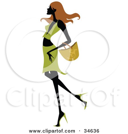 Clipart Illustration of a Sexy Silhouetted Woman With Long Brown Hair, Dressed In Green, Walking Past With A Purse On Her Arm by OnFocusMedia