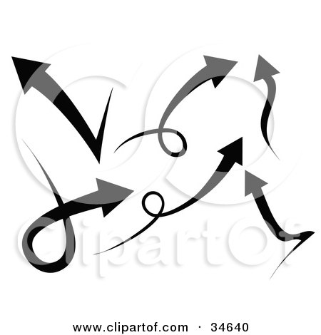 Clipart Illustration of a Group Of Six Black Arrows Going In Different Directions, Some With Loops by OnFocusMedia