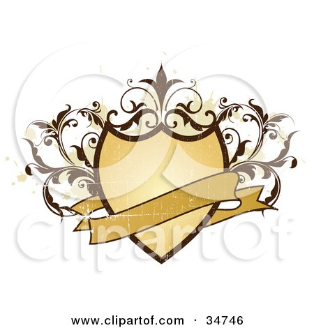 Clipart Illustration of a Blank Banner Over A Scratched Grungy Shield Adorned With Brown Vines, Over A White Background With Beige Splatters by OnFocusMedia