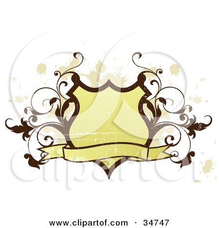 Clipart Illustration of a Yellow Grungy Shield With A Wavy Blank Banner And Brown Scrolling Vines, Over A White Background With Beige Splatters by OnFocusMedia